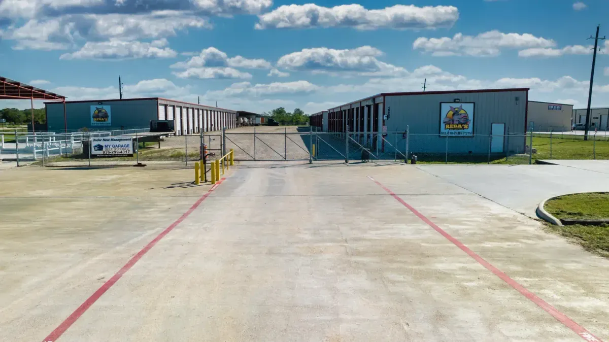 Security gate at Becker Road self storage facility in Hockley, TX.