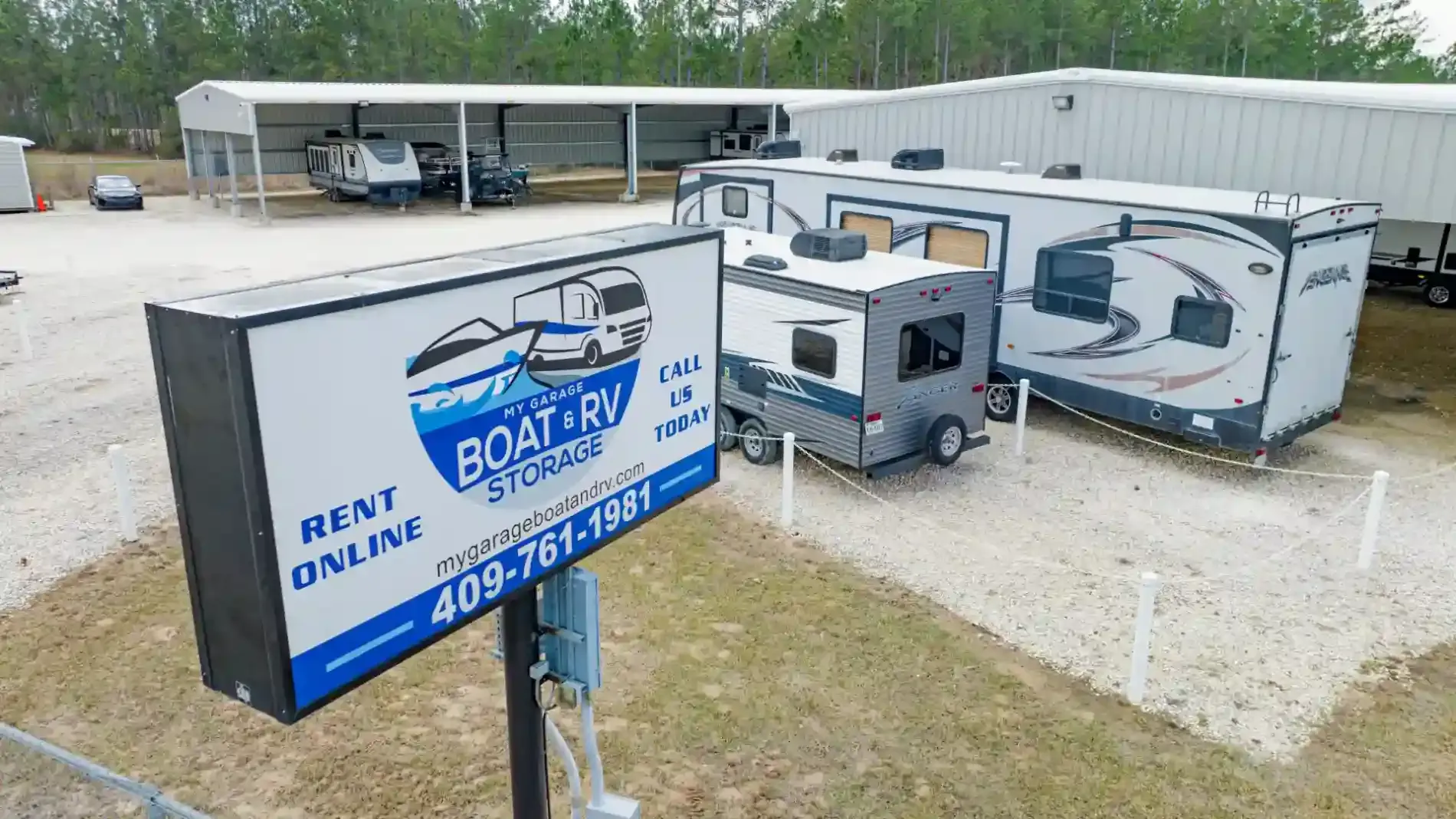 View of uncovered parking at Kountze, TX self storage facility.
