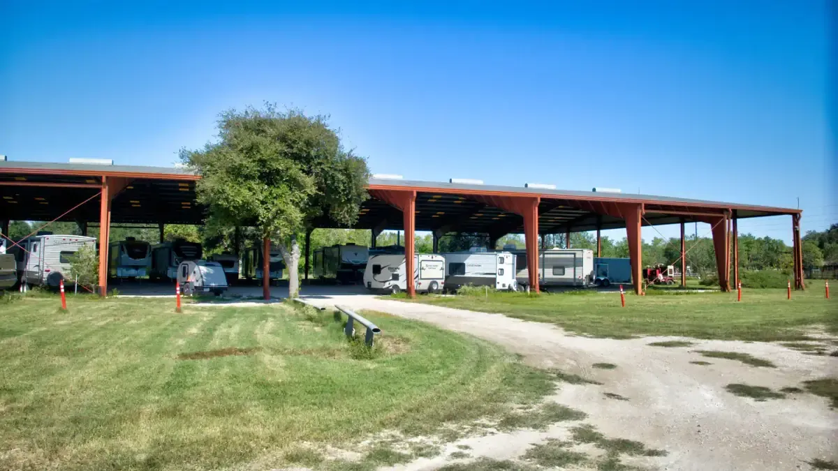 Covered parking at Pearland, TX self storage facility.